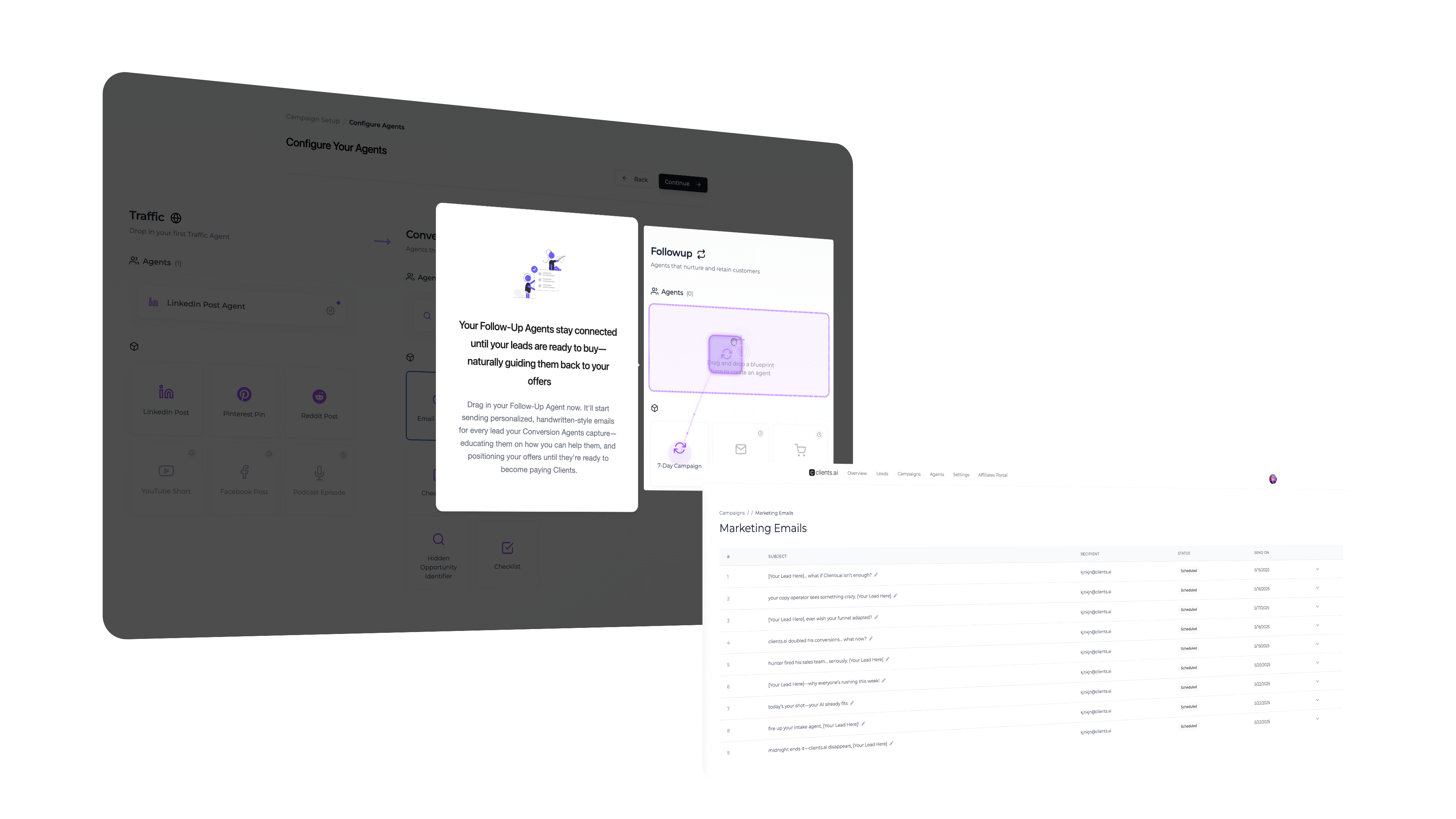 Email timeline showing a cart‑recovery message followed by a new‑product teaser and a completed order